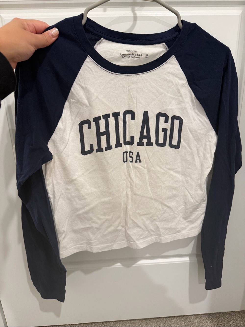 Abercrombie & Fitch White Tee with Navy Trim and Navy Print